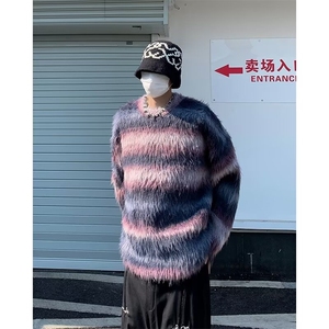 撞色条纹针织衫外套男长水貂慵懒风毛衣情侣装美式渐变毛茸上衣图片