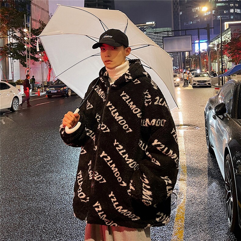 夜景港风字母羊羔毛棉衣男连帽棉服男外套男8710P105控148,男装棉衣,星座226-1
