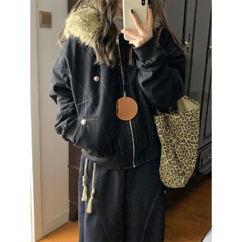 现货重磅boxy短款棉衣座山雕大毛毛领男女棉服水洗工装厚外套,男装棉衣,电商A443