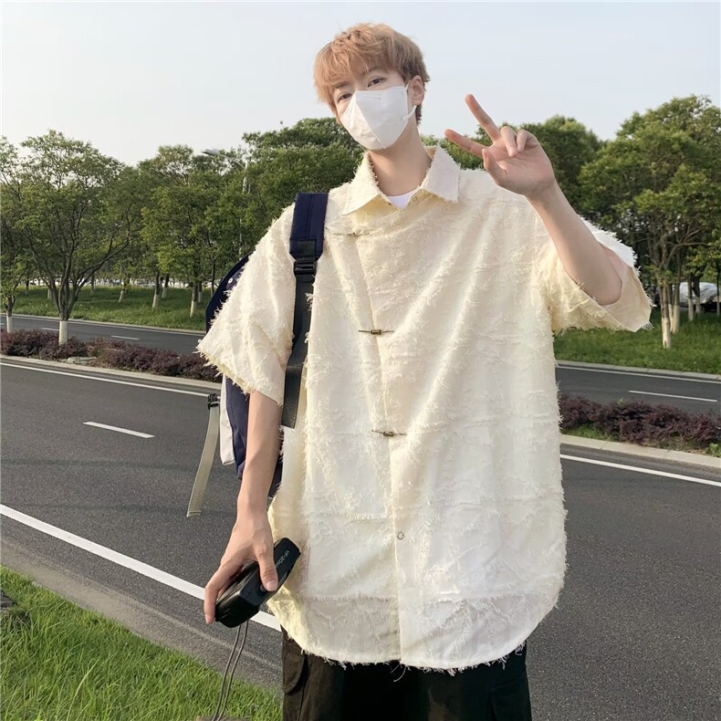 潮中式衬衫男复古风短袖夏季网红宽松上衣T恤W1277-P53,男装T恤,星座1109-3