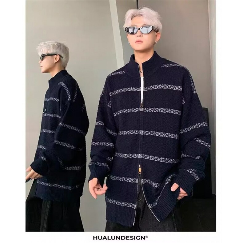 港风秋款男立领毛衣条纹开衫针织衫拉链外套线衣M5336P65,男装针织衫/毛衣,星座1013-1
