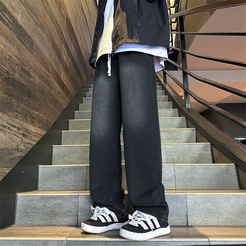 松紧腰美式高街直筒宽松牛仔裤男女水洗拼接休闲潮流系绳裤子,男装牛仔裤,星座410-7