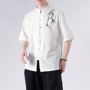中式棉麻复古刺绣短袖立领衬衫男士大码MT2308-P65图片