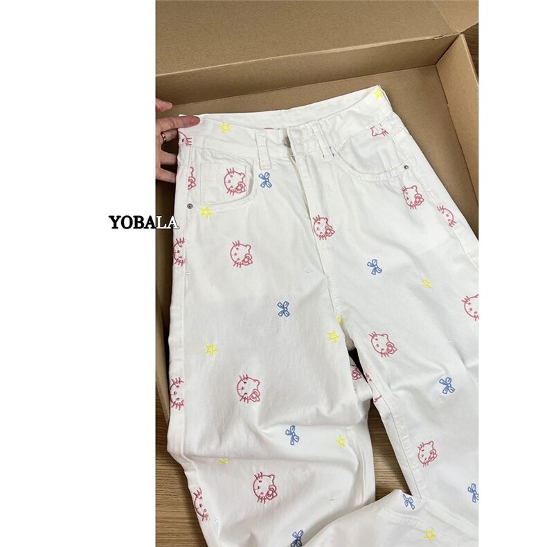 可爱刺绣kitty猫牛仔裤女2025新款夏季薄款高腰阔腿宽松直筒裤子,男装牛仔裤,星座1210-1