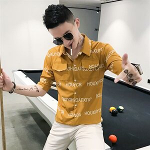 905-P45  2021夏季潮男中袖衬衫韩版修身帅气短袖休闲网红衬衣图片