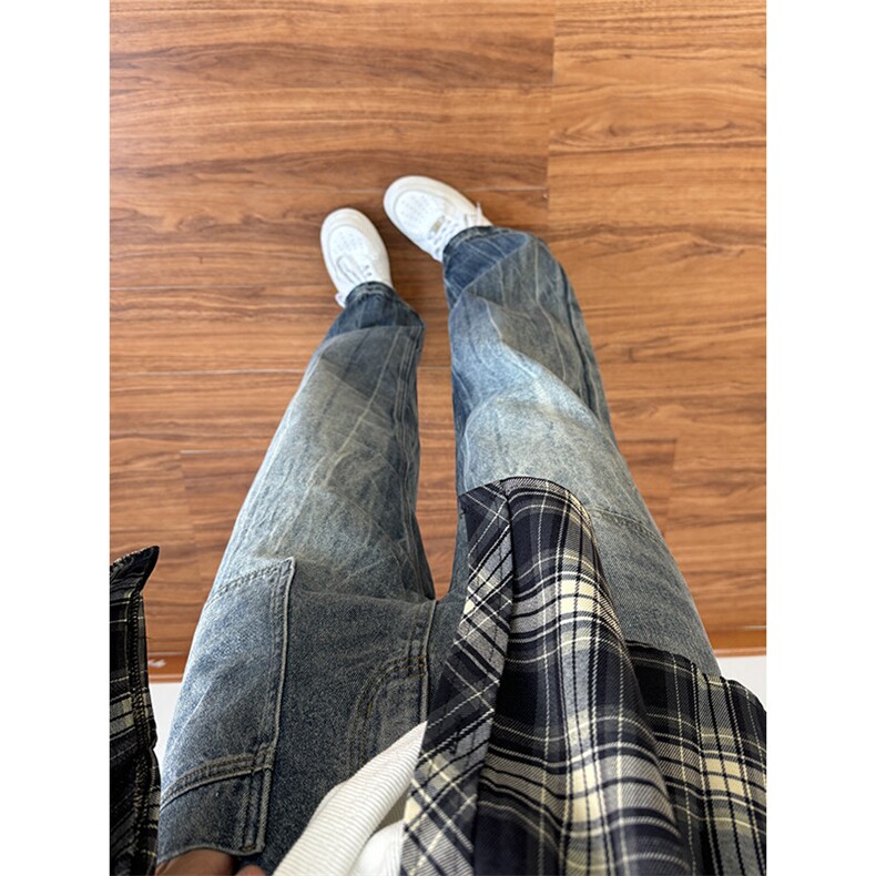 褶皱垂感牛仔裤男春秋季高街潮牌设计感高个子直筒显瘦微喇叭裤子,男装牛仔裤,电商B221