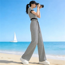 黑白条纹阔腿裤套装女夏季新款潮流时尚显瘦短款上衣长裤两件套潮，女装套装/套裙，江南
