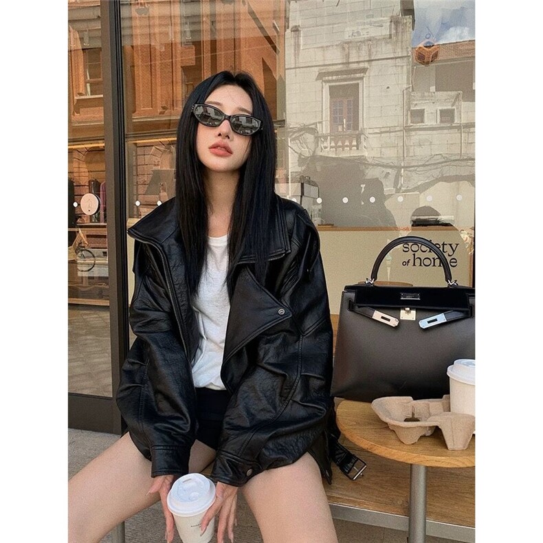 美式拽姐复古做旧工艺棕色皮衣夹克女街头腔调高级感PU皮衣外套潮，男装皮衣，星座1210-1