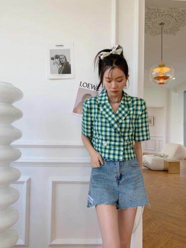 【现货】2021夏季新品百搭绿格子上衣，女装，blue face