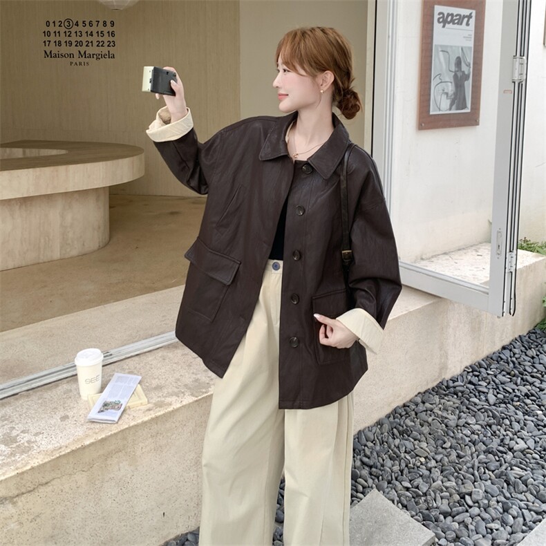 美拉德复古洋气chic皮衣外套女2025早春秋美式复古高级感pu皮夹克,女装皮衣,2C275