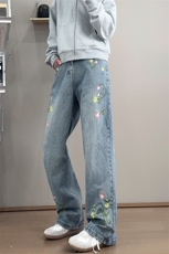 B221美式ins高街暗黑绣花宽松直筒牛仔裤LK25581-特P45控78，男装牛仔裤，电商B221