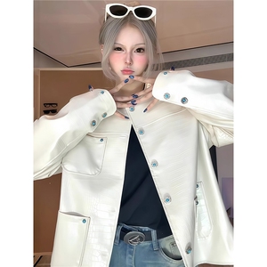 鳄鱼皮纹小香风皮衣外套男女款秋季穿搭pu皮夹克美式正肩无领外套图片