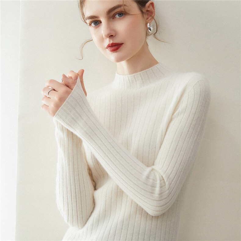2025秋冬百搭时尚简约坑条半高领针织衫，女装羊绒衫，米乐羊绒