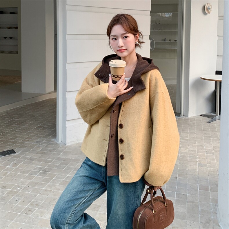 双面羊毛大衣女25秋冬新款超好看韩版背心连帽两件套短款毛呢外套,女装羊绒大衣,2B142