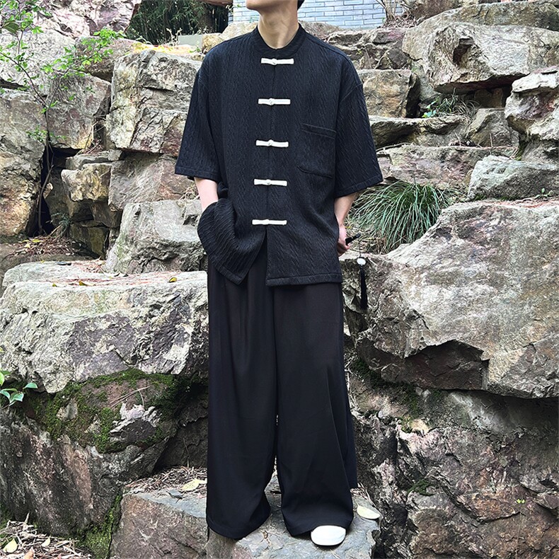 重磅针织新中式立领盘扣撞色镂空纹中袖衬衫T182-P60,男装衬衫,电商A021
