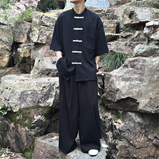 重磅针织新中式立领盘扣撞色镂空纹中袖衬衫T182-P60，男装衬衫，电商A021