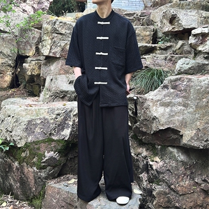 重磅针织 新中式立领盘扣撞色镂空纹中袖衬衫T182-P60图片