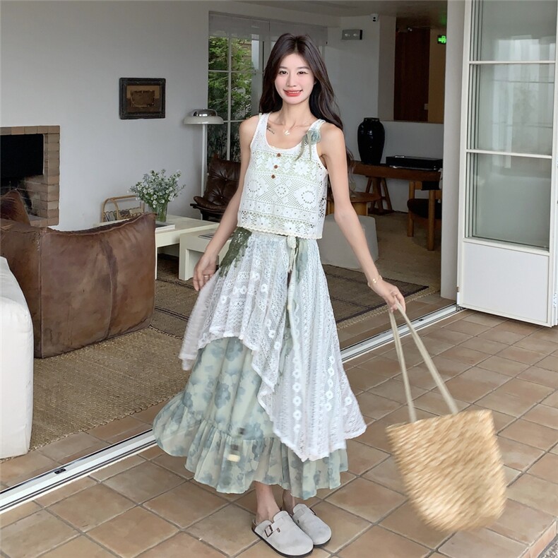 夏日绝美套装女2025新款镂空钩花背心吊带衫蕾丝拼接半身裙三件套,女装套装/套裙,2C133