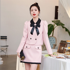 2023新款秋装小香风套装法式复古风半身裙撞色蝴蝶结上衣两件套，女装套装/套裙，卡杰菲