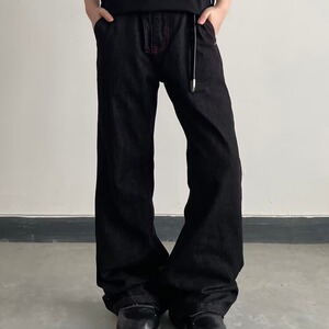 美式复古黑色阔腿牛仔裤男cleanfit高街痞帅微喇裤子 网S6068-P45图片