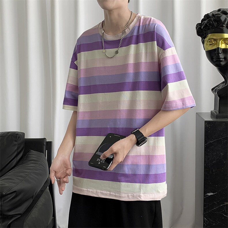 渐变条纹短袖男夏季潮t恤ins炸街嘻哈衣服港风宽松半袖T570-P25,男装T恤,星座512-2