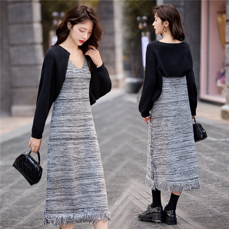 复古流苏针织吊带连衣裙毛衣开衫外套两件套，女装套装/套裙，依多米