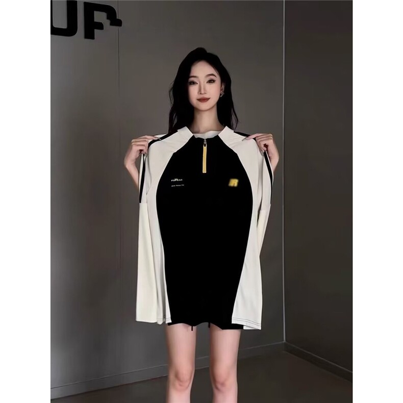 美式黑白拼接半拉链长袖T恤女2025早春秋新款今年流行的短款上衣,女装T恤,星座506A