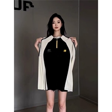 美式黑白拼接半拉链长袖T恤女2025早春秋新款今年流行的短款上衣，女装T恤，星座506A