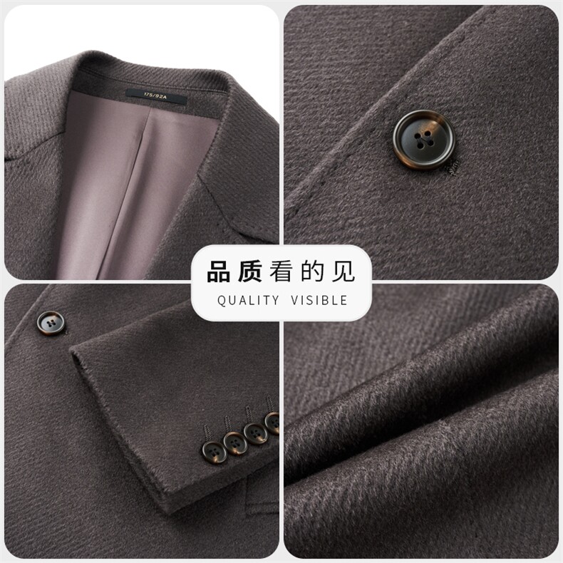 高端中年绵羊毛西服领大衣秋冬中老年绵羊毛双面呢中长款外套,男装西服,钱塘723