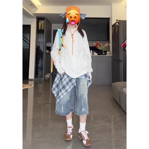大码撞色泼墨牛仔短裤女2025夏季新款高腰慵懒感显瘦通勤七分裤子图片