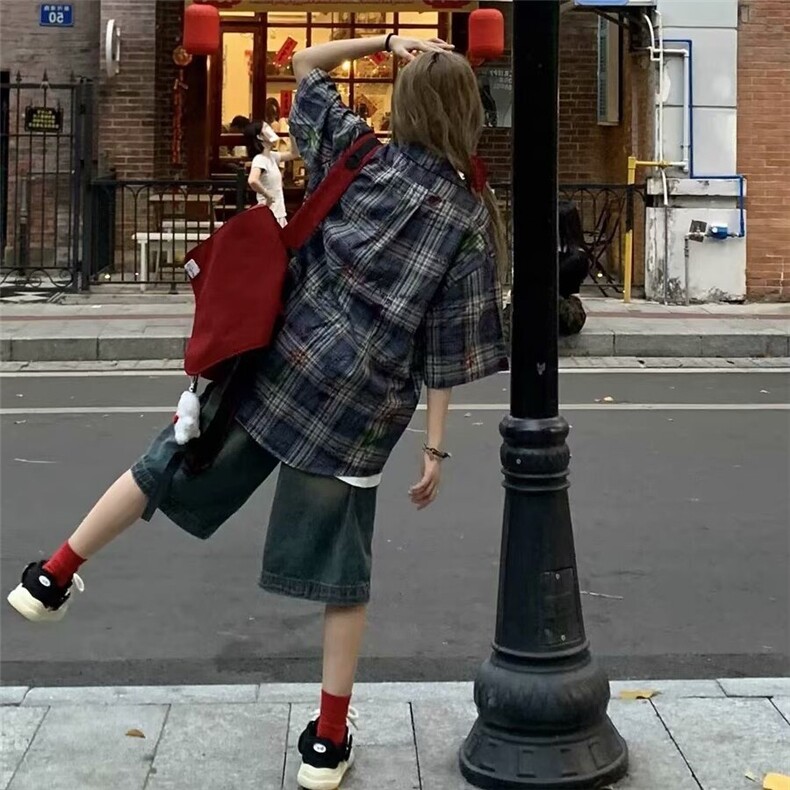 美式复古涂鸦印花格纹宽松衬衫女2025春季新款小众设计衬衣外套潮,男装衬衫,星座506A