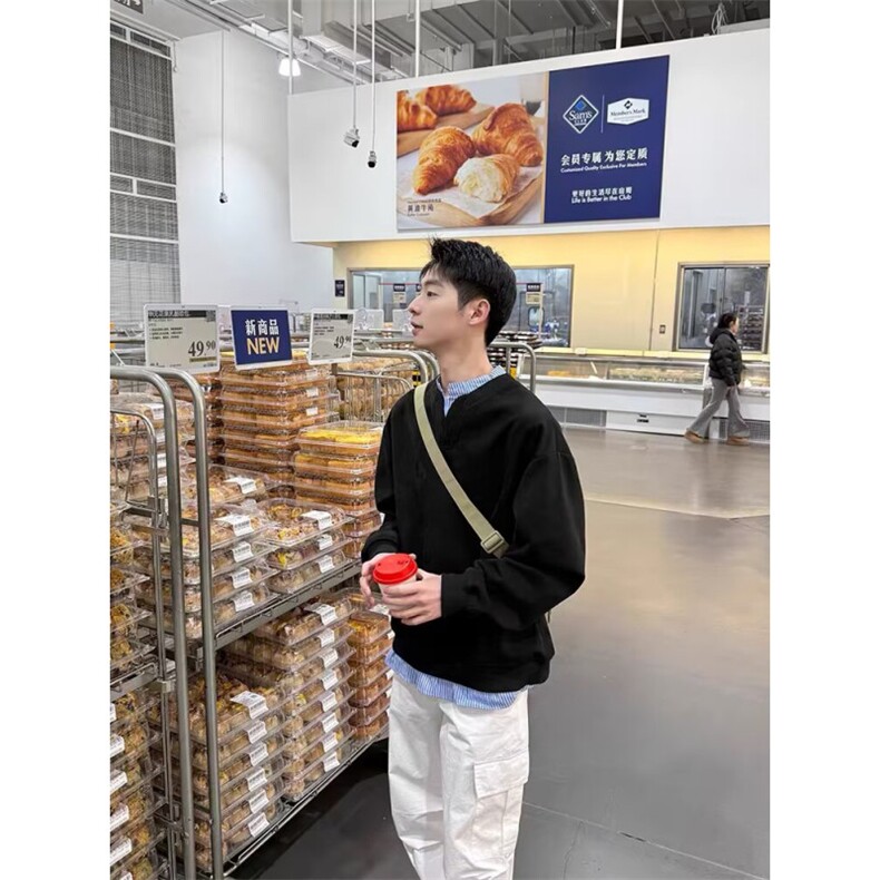 复古亨利领假两件长袖T恤卫衣2025条纹拼接百搭上衣男女WYJ96,男装T恤,星座516A