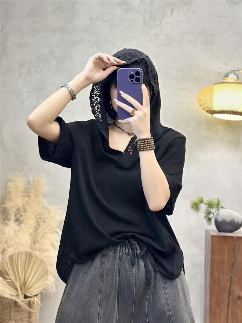 2025简约百搭时尚蕾丝连帽打底短袖,女装T恤,湘姗