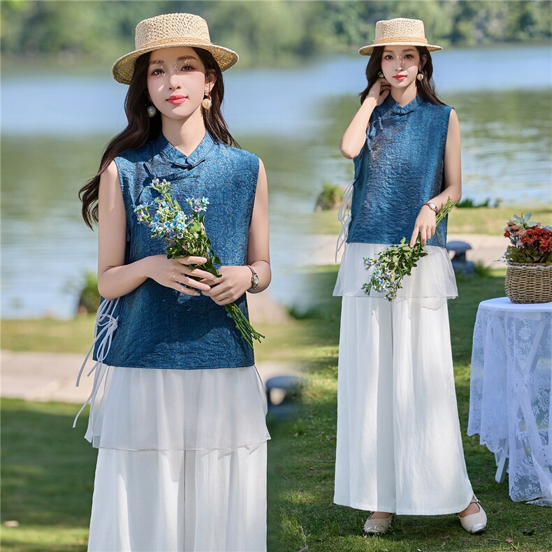 现货2026年夏季新中式上衣麻料阔腿裤子，可分开卖，女装套装/套裙，艾仟回(原伊仟回)