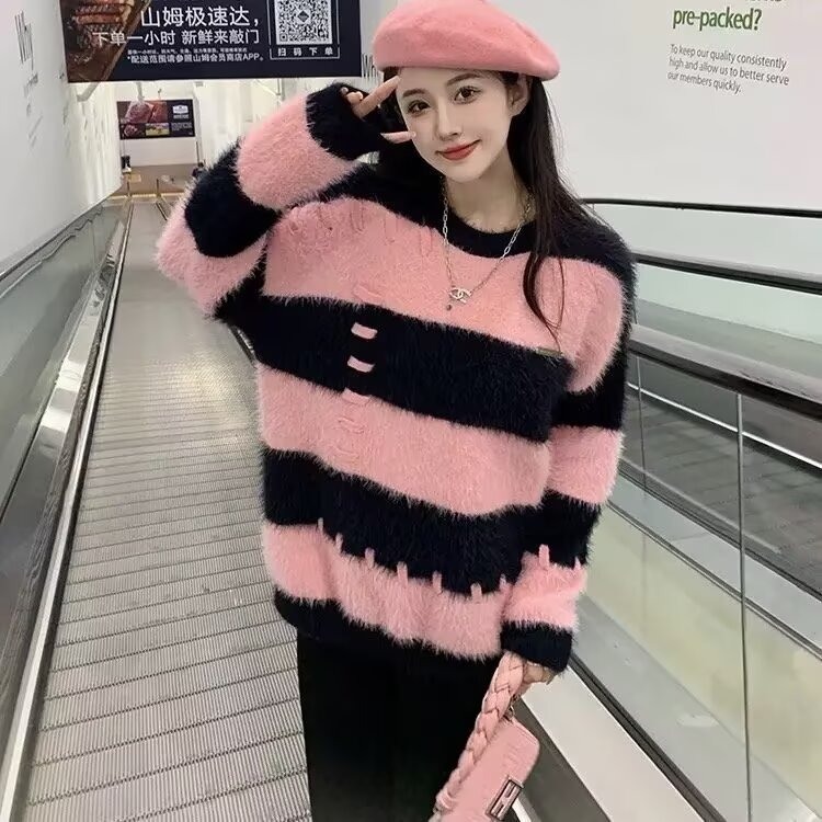 576-P52慵懒风设计感毛绒绒针织衫上衣2025秋冬女套头,男装针织衫/毛衣,电商B323A