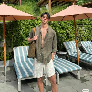 松弛感穿搭痞帅立领亚麻长袖衬衫男士夏季老钱风防晒衬衣外套937图片