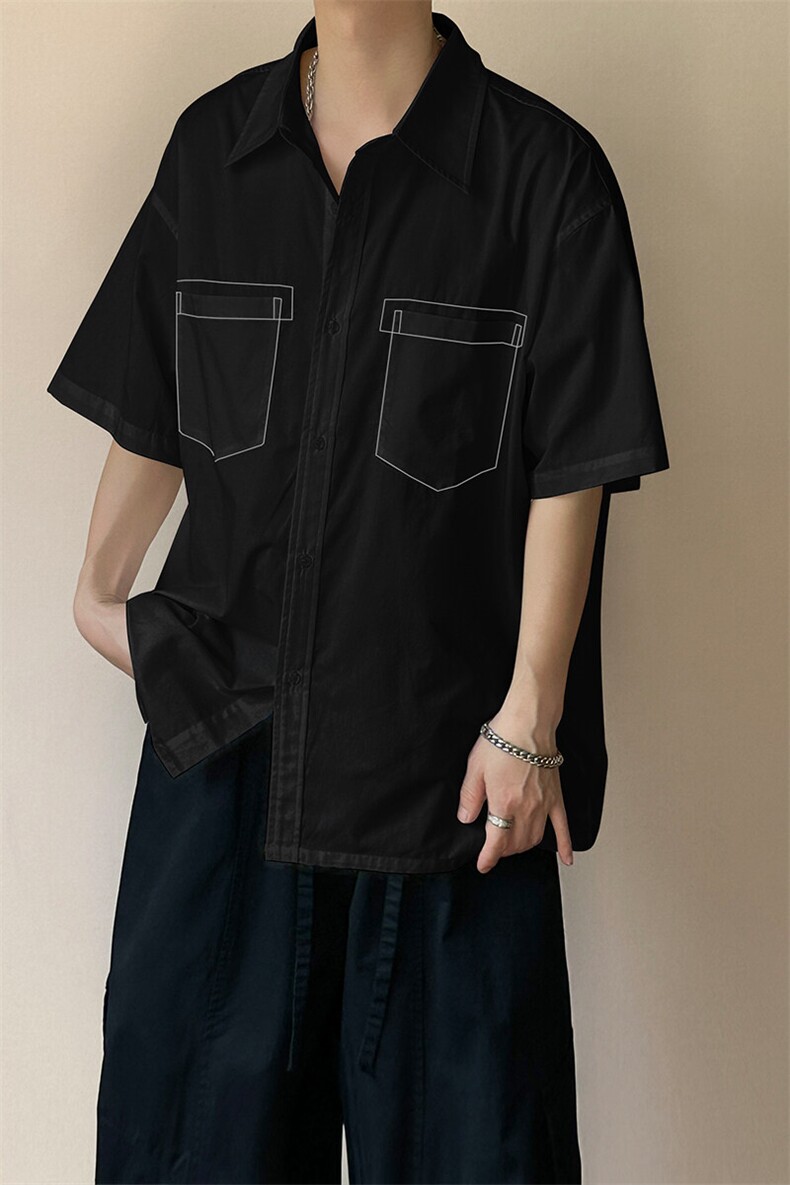 现货-夏季线条衬衫男宽松青少年时尚潮牌短袖衬衣-AC23005-P50,男装衬衫,电商A351