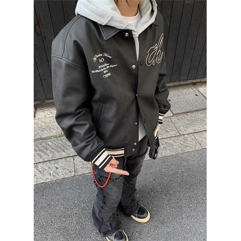 高街复古翻领PU皮刺绣飞行员夹克男女休闲春秋棒球服外套J3612,男装夹克,星座1116A（原606A-3）