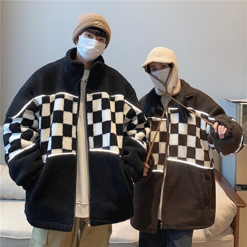 情侣装冬装反光拼接棋盘格加厚羊羔毛情侣棉衣宽松外套G1029P118,男装棉衣,电商A339