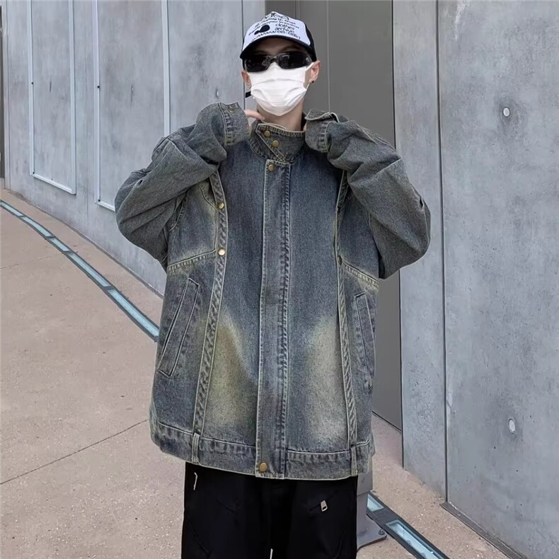 春秋美式高街复古拼接牛仔外套男女款做旧工装痞帅夹克JK867-P72,男装工装外套,星座208-5