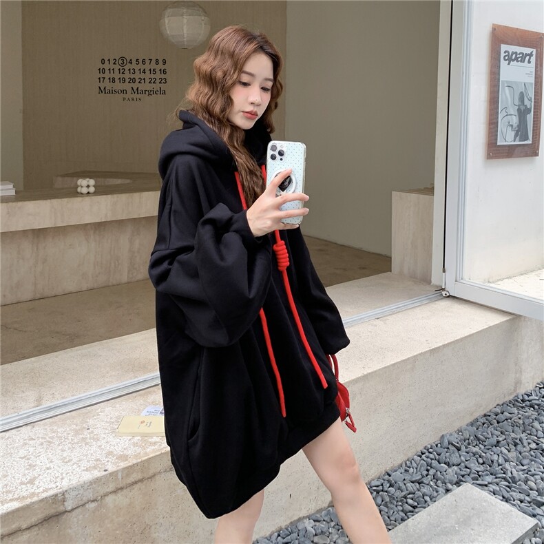 不挑人中长款连帽卫衣帽绳撞色装饰2C167-870-P155-K218,女装卫衣/绒衫,2C167