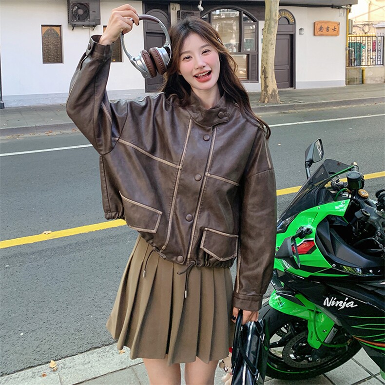 pu机车皮衣春秋外套女2025新款显瘦酷飒风气质棕色复古短夹克上衣图片