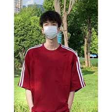 抖音得物高品质二开240克宽松纯棉美式潮牌三条杠织带短袖T恤，男装T恤，电商A486-1