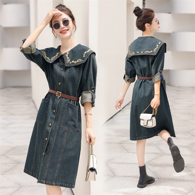 2023秋装新品牛仔连衣裙绣花刺绣衣领修身气质，女装连衣裙，钱塘布衣