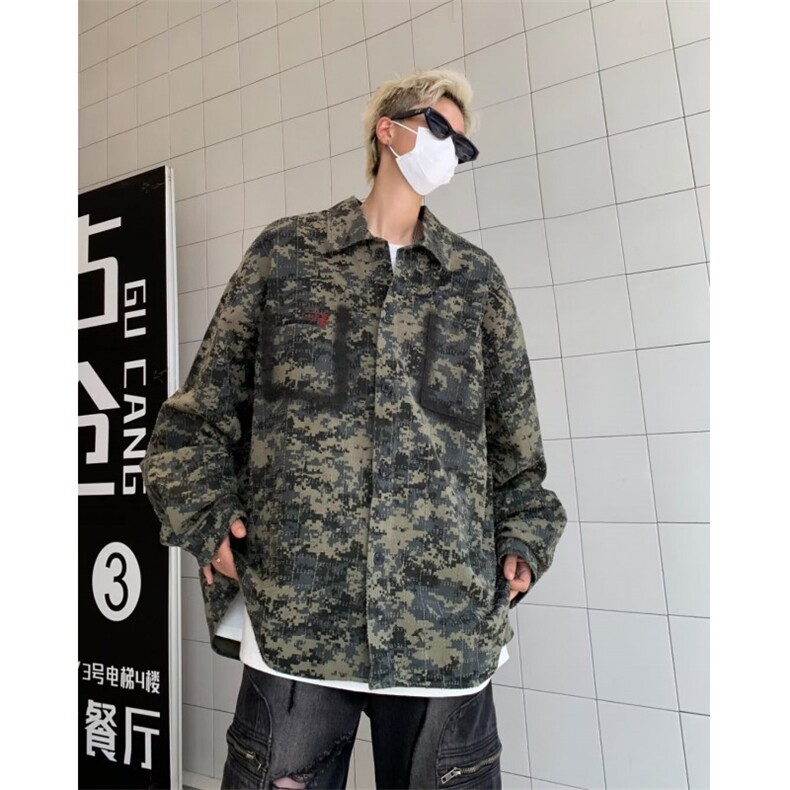 美式复古绿迷彩衬衫设计感高级短款外套潮牌欧美街头男装C4554,男装衬衫,星座1116A-1（原606A）