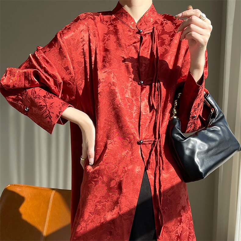 中式国风醋酸提花上衣女夏中长款缎面盘扣长袖半高领开衫真丝衬衣,女装衬衫,佳绒高端店