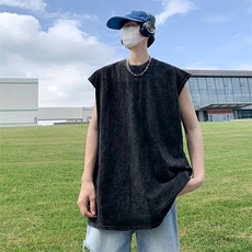 抖音得物品质二开240克重磅美式高街纯棉水洗做旧复古无袖T恤背心，男装T恤，电商A486