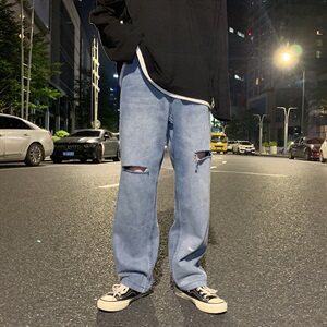 牛仔裤男20港风潮牌一字破洞宽松直筒百搭长裤716-2-NZ003-P55图片