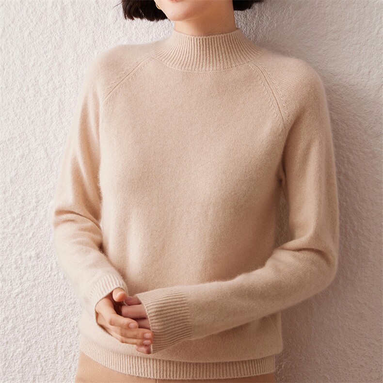 七针插肩袖花纱半高领山羊绒衫女冬季宽松加厚毛衣针织打底衫内搭,女装羊绒衫,雪真羊绒高端店