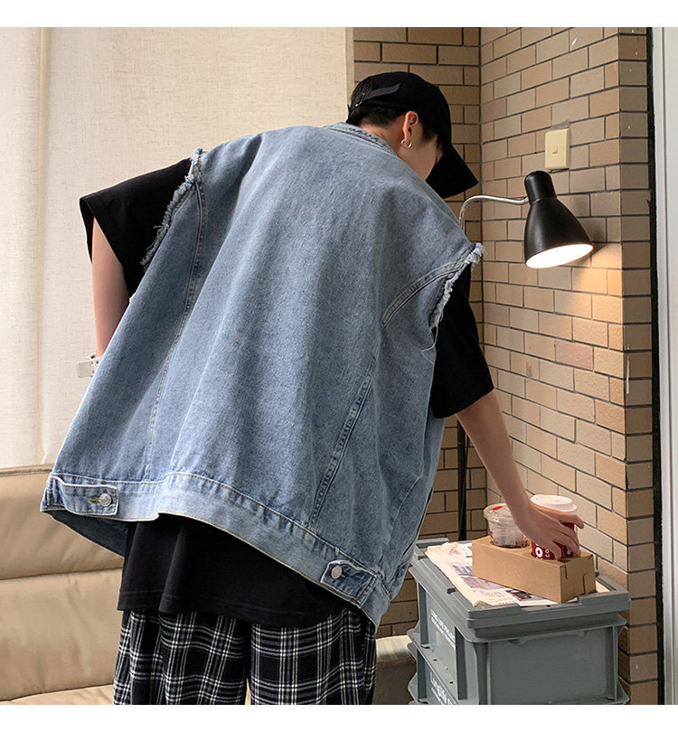 牛仔马甲男潮牌宽松落肩无袖背心水洗复古做旧百搭外套B802-P50,蓝色牛仔裤鞋子搭配男生图片
